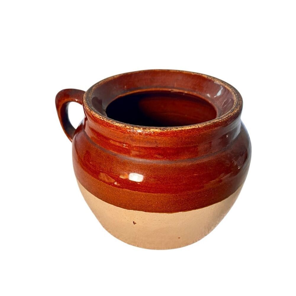 Vintage Two Tone Brown and Tan Glaze Stoneware Pottery Crock Bean Pot w/Handle